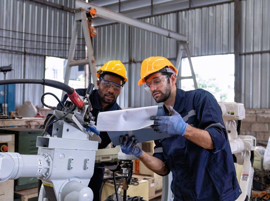 Two civil engineers reviewing blueprints at a construction site